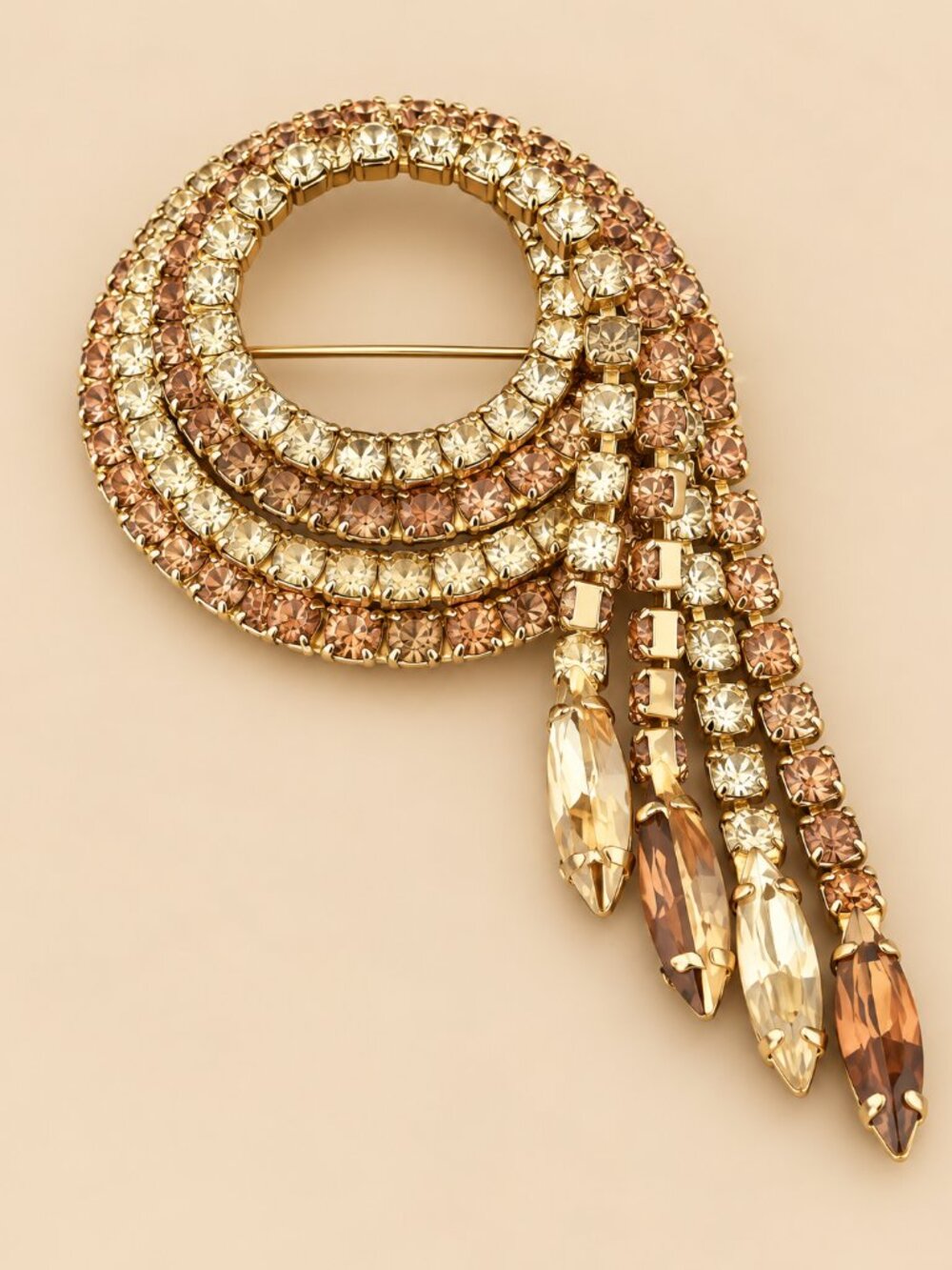 Vintage Glam Rhinestone Swirl Brooch with Cascading Crystal Tassels